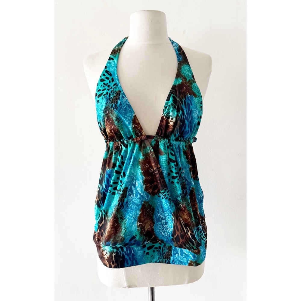 Venus Swimwear Aqua Blue & Brown Animal Print Halter Tankini Swim Top Size 12